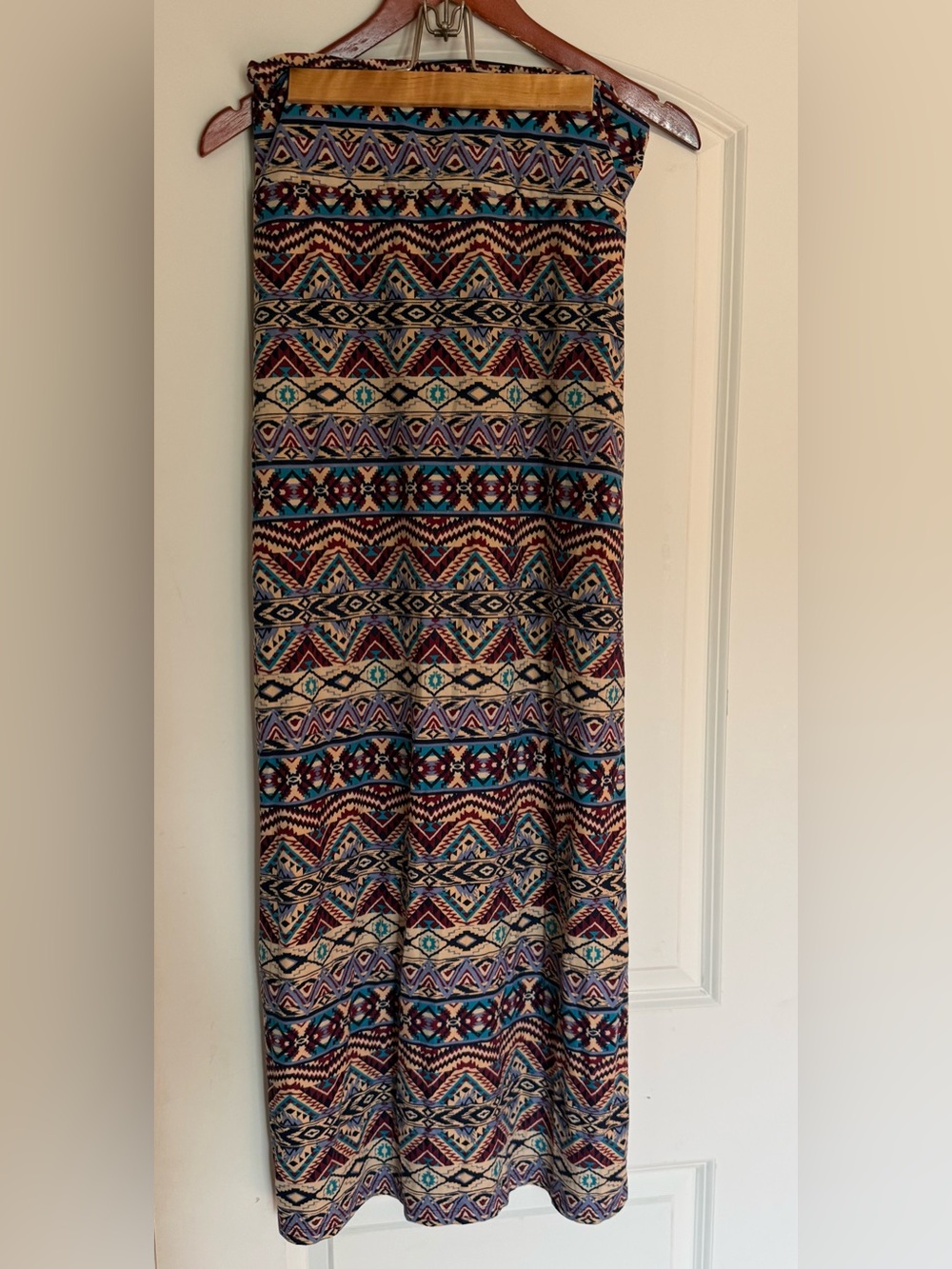Rue21 Aztec-Print Maxi Skirt in Teal, Burgundy, Cream, and Navy